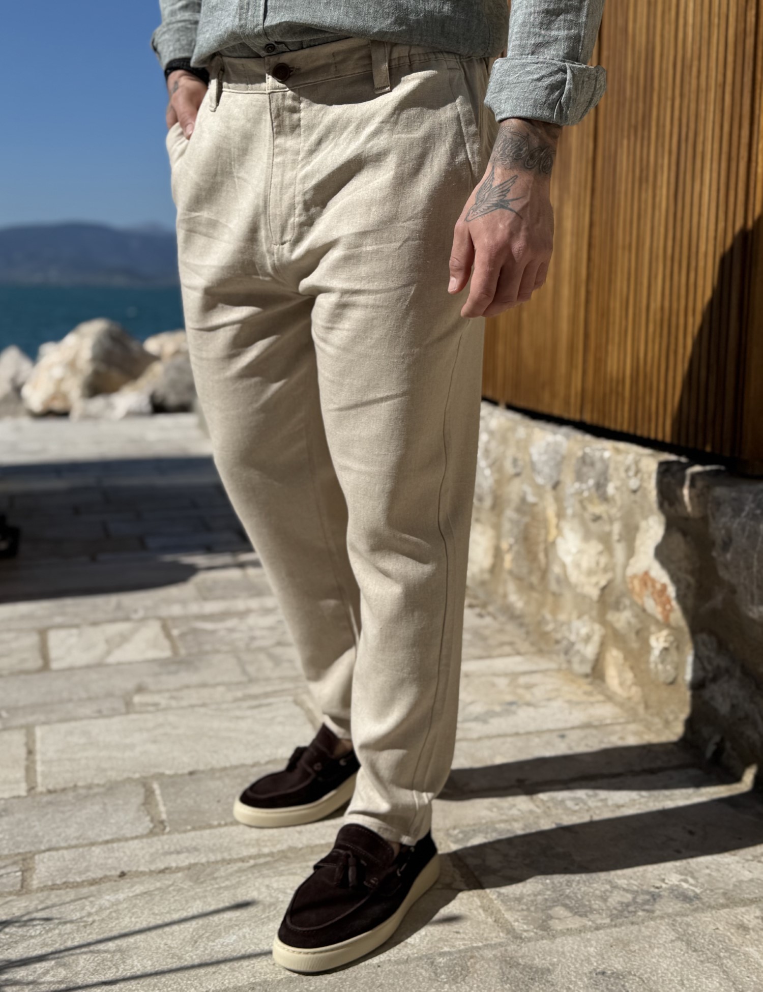 Ανδρικό μπεζ λινό υφασμάτινο παντελόνι με λάστιχο στην μέση JR0022B φωτογραφία